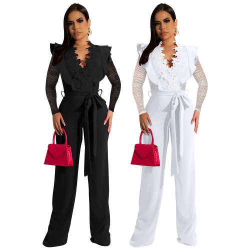 Fashion V-neck lace see through ruffle jumpsuit