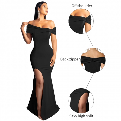 Sexy off the shoulder long slit banquet evening dress