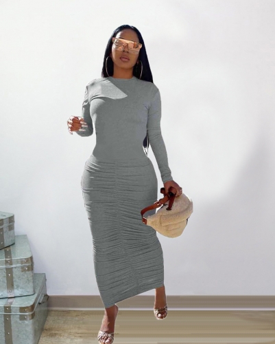 Fashion sexy solid color long sleeve round neck dress