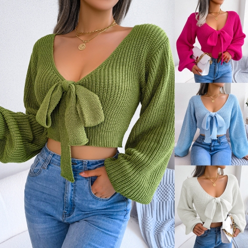 Fashion bow V-neck lantern sleeve sweater