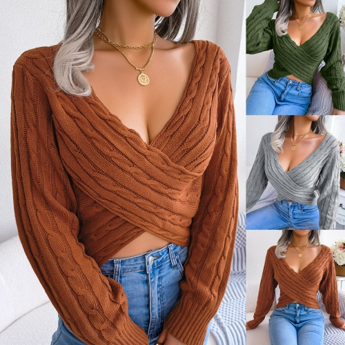 Sexy cross V-neck twist long sleeve sweater