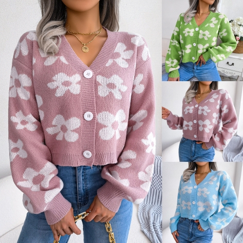 Fashion color contrast flower lantern sleeve cardigan sweater coat