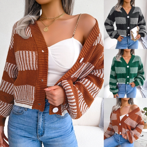 Fashion contrast striped lantern sleeve cardigan sweater coat