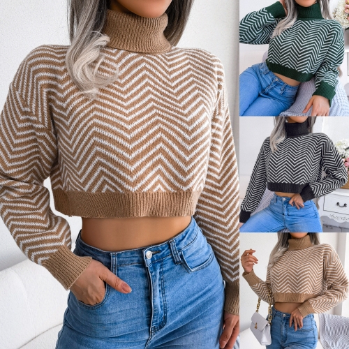Fashion high collar long sleeve striped sweater