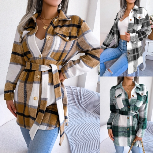 Casual plaid long sleeve strap thickened woolen coat