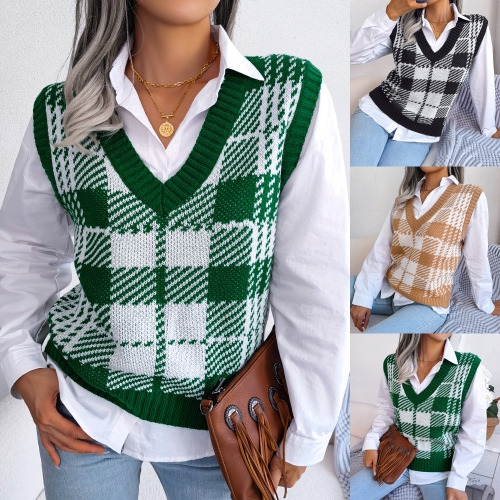 Casual plaid knitted vest sweater vest