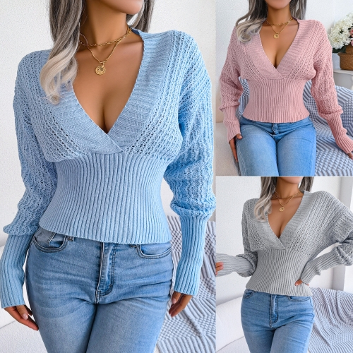 Hollow out V-neck bat sleeve sweater