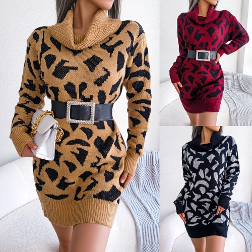 High neck leopard print long sleeve bottomed wool dress