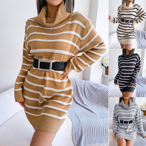 Casual high collar striped long sleeve bottomed wool dress