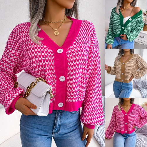 Checker lantern sleeve cardigan sweater coat