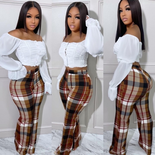 Trendy Plaid Print Tight Plus Size Flare Pants