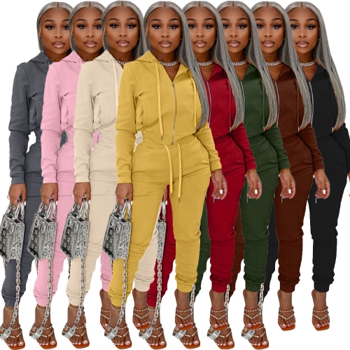 Casual Solid Hooded Zipper Pant Set