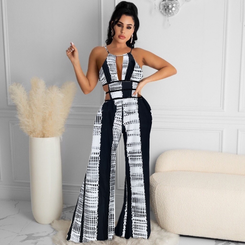 Sexy printed striped patchwork jumpsuit