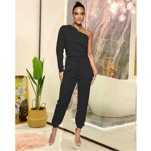 Casual Solid One Shoulder Two Piece Pant Set