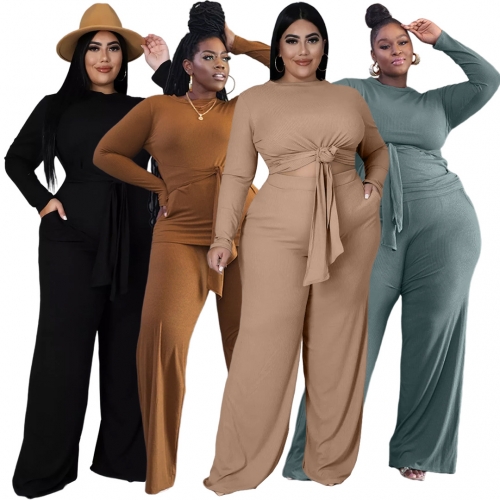 Casual Plus Size Strap Pocket Wide Leg Two Piece Pant Set