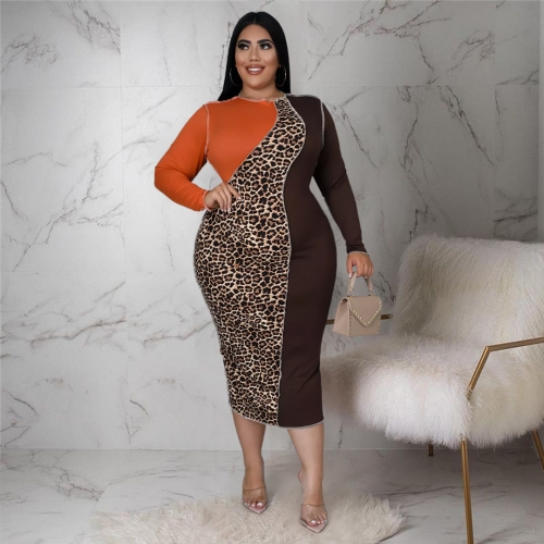 Fashion Plus Size Leopard Patch Contrast Dress