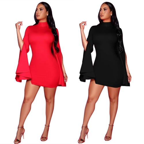 Sexy Solid Split Flare Long Sleeve Dress