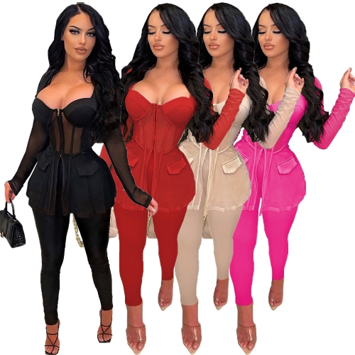 Fashion mesh perspective splicing zipper trousers two-piece set