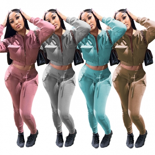 Casual Solid Zipper Flap Pocket Bodysuit Two Piece Set