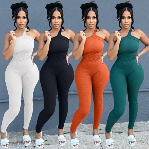 Sexy solid color stretch tight jumpsuit