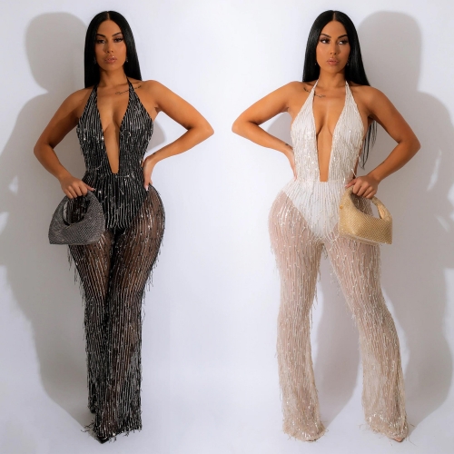 Perspective beaded fringe jumpsuit