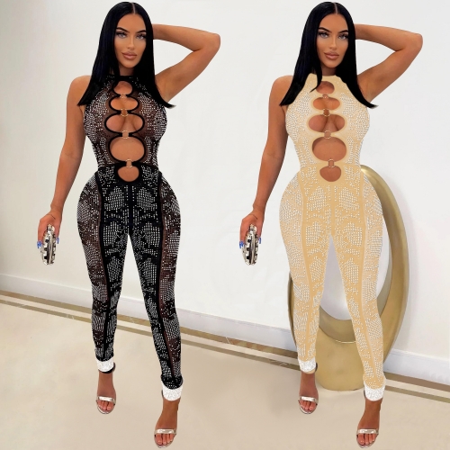 Mesh perspective hot drill cutout jumpsuit