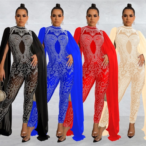 Hot drilling mesh perspective shawl jumpsuit