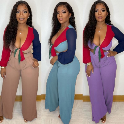 Two piece set of color blocking bandage wide leg pants (including pocket)