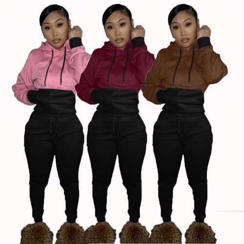 Fashion casual patchwork hoodie+trousers two-piece set