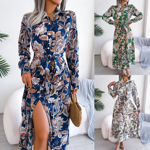 Fashion vintage floral lapel tie up shirt dress