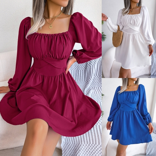 Casual solid square neck waist closing dress