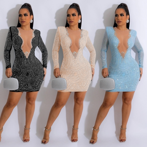 Scalded mesh V-neck long sleeve dress