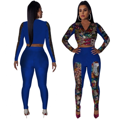 Fashion sexy double-sided colorful bead piece trousers two-piece set