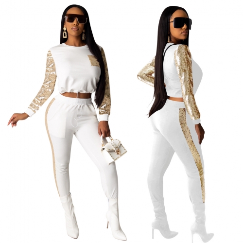 Fashion beaded panel round neck long sleeve top+trousers two-piece set