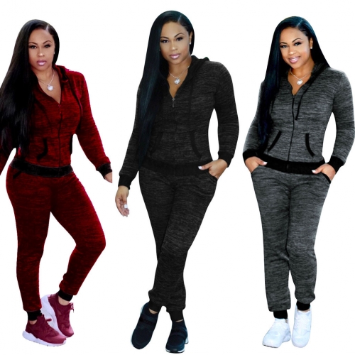 Casual hooded zipper long sleeve jacket+trousers sports two-piece set