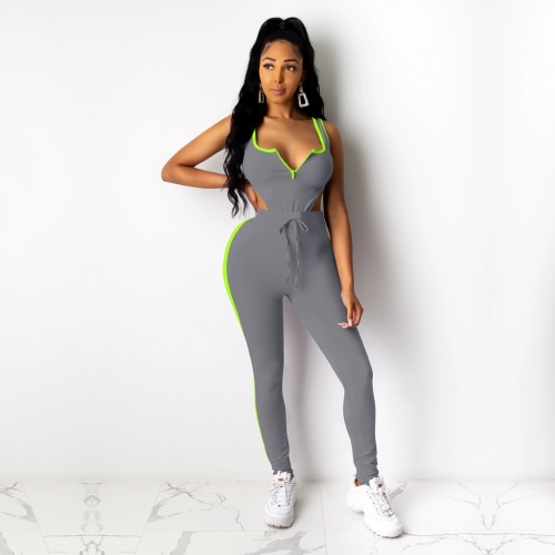 Solid bodysuit+pants sport two-piece set