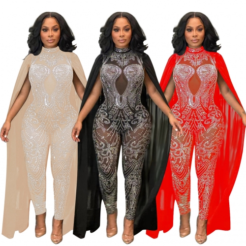 Mesh perspective ironing cape jumpsuit