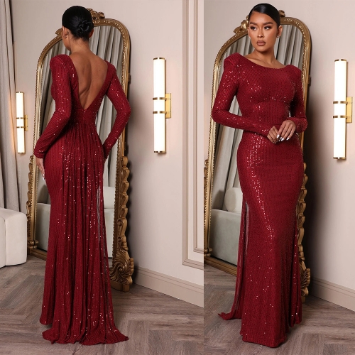 Sexy backless long-sleeved split dress