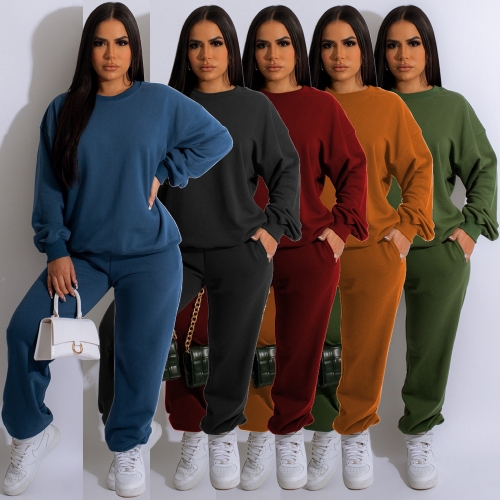 Fashion round neck loose sweater+pants casual sports two-piece set
