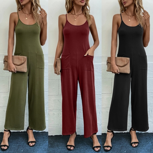 Fashionable solid color strapping suspender loose wide leg jumpsuit
