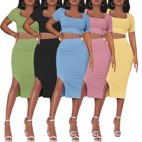 Threaded square neck split skirt set