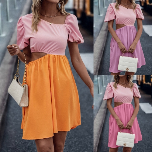 Fashion sexy diagonal collar short sleeve dress with open waist