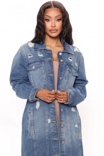 Fashion hole long-sleeved denim cardigan jacket