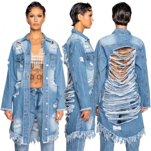 Fashion hole tassel long-sleeved denim cardigan jacket