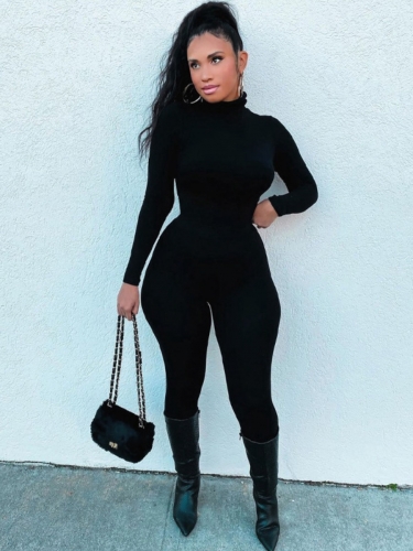 Slim plus size black high-neck jumpsuit