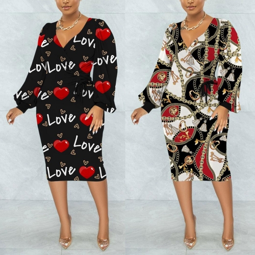 Sexy printed drawcord long-sleeved dress