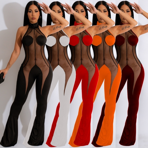 Fashion mesh panel hanging neck open back strapping jumpsuit