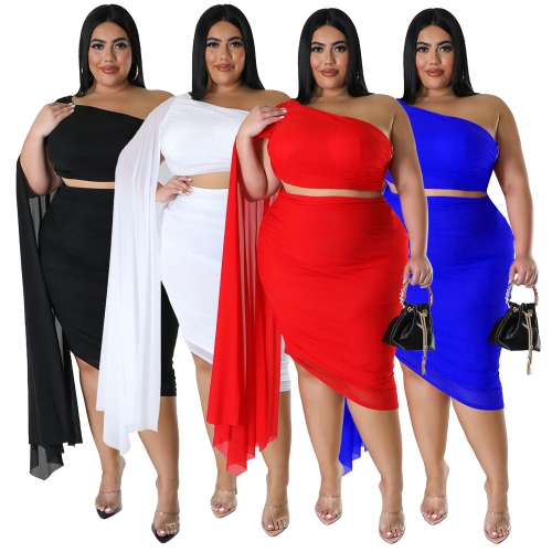 Plus size high elastic diagonal collar two-piece skirt set