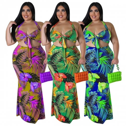 Plus size printed neck tie up  two-piece skirt set