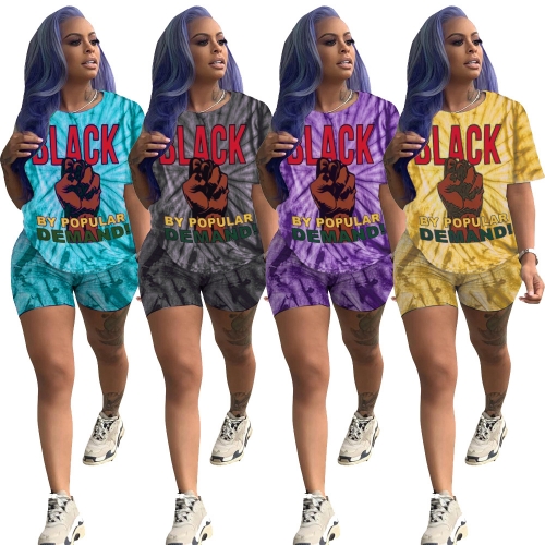 Tie-dyed letter-printed shorts set